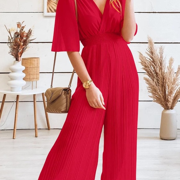Red wide leg pantsuit Chiffon Wrap V Neck Jumpsuit size Medium red fall #187 - Picture 3 of 4